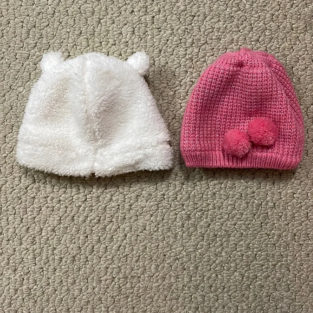 CARTERS UEC Lot of 2 girls winter hats beanies pink white used knit Sherpa